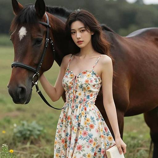 Woman in Floral Dress in Meadow