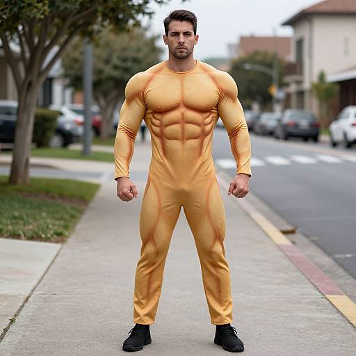 Homemade Muscle Man Costume on Sidewalk