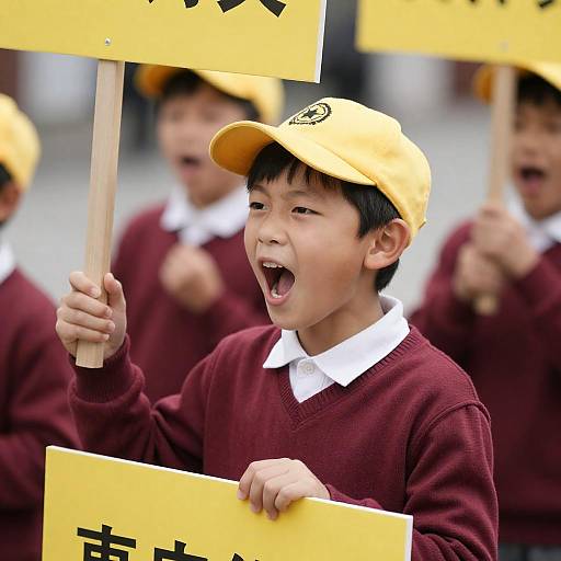 Boy Shouting with Yellow Sign in Street