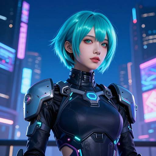 Digital artwork of a cyberpunk woman with bright turquoise hair, blue eyes, and black futuristic armor, standing in a neon-lit cityscape.