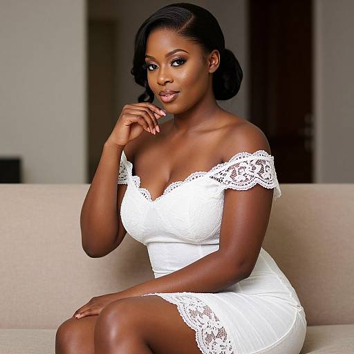 Photograph of a beautiful Black woman with smooth dark skin, wearing an off-shoulder white lace dress, sitting on a beige couch, posing with