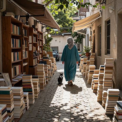 Photograph of an elderly woman in a blue robe and patterned headscarf walking a black dog down a sunlit, cobblestone alley lined
