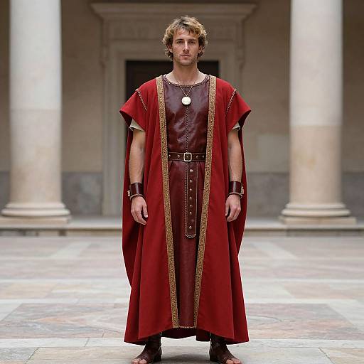 Photograph of a young man with curly brown hair, wearing a red Roman-style tunic with gold trim, leather belt, and wristbands, standing