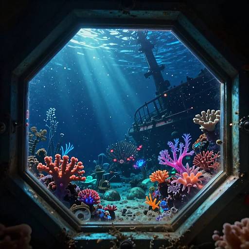 Underwater View of Sunken Shipwreck with Bioluminescent Coral