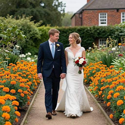 Photograph of a smiling bride in white lace gown and groom in navy suit, holding hands and bouquet, walking a flower-lined garden path to a red