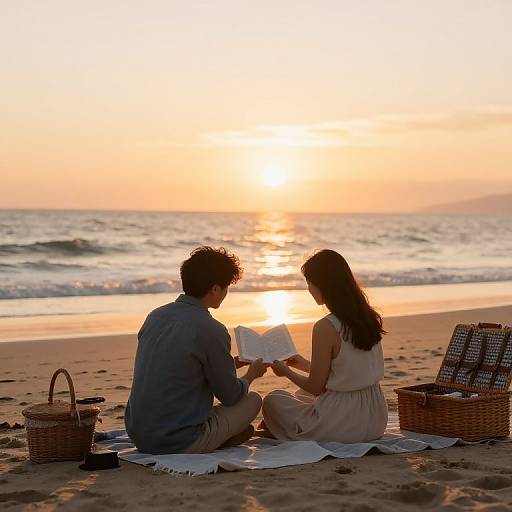 Photograph of a couple sitting on a beach at sunset, reading a book together, with wicker baskets and a blanket nearby.
