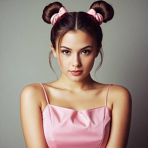 Young Woman in Pink Dress with Double Hair Buns
