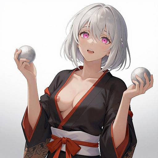 Anime Woman in Black and Red Kimono