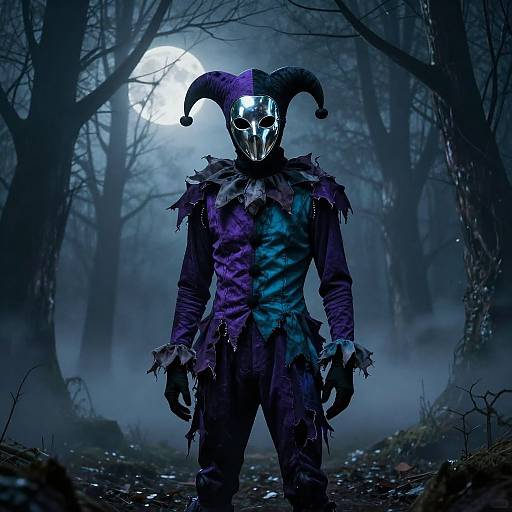 Photorealistic digital art of a menacing jester in a torn, purple-blue mask and outfit, standing in a misty, moonlit forest.