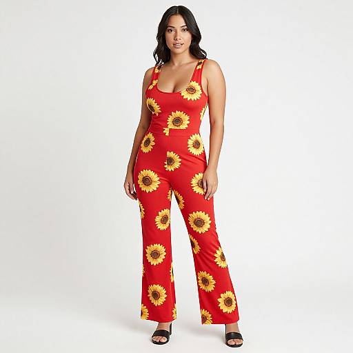 Photograph of a curvy woman with medium brown skin and black wavy hair, wearing a red sunflower-patterned jumpsuit, standing against a