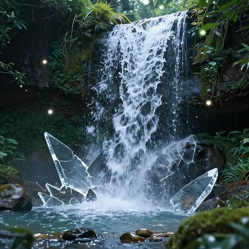 Photograph of a luminous waterfall cascading into a forest pool, surrounded by glowing, ethereal crystals and greenery, with soft, magical light