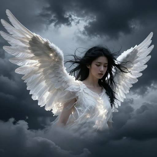 Photographic fantasy image of an angelic Asian woman with glowing white wings, long black hair, and ethereal white dress, floating amidst dark, storm