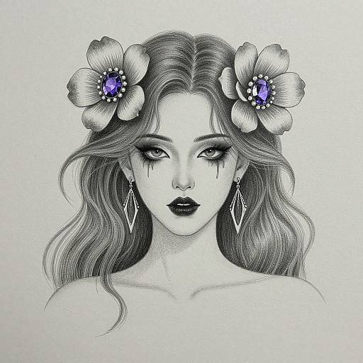 Black-and-white digital drawing of a woman with long wavy hair, wearing flower headpieces with blue centers, dramatic eyeliner, dark lipstick, and