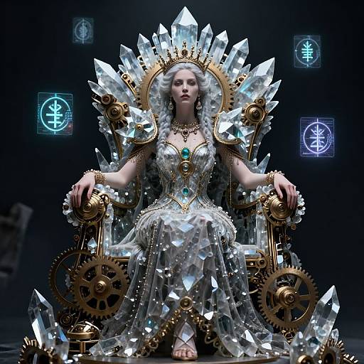 Digital artwork of a regal woman with white hair, wearing a crystal-encrusted, ornate throne adorned with gears and glowing symbols.