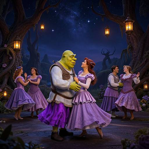 Theater stage scene: Green-skinned ogre dancing with red-haired woman in lavender dresses, surrounded by four other women, lit by lanterns,