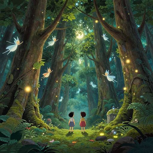 Digital illustration of a magical forest with two children from behind, surrounded by glowing fireflies and ethereal white butterflies, tall trees, and lush greenery