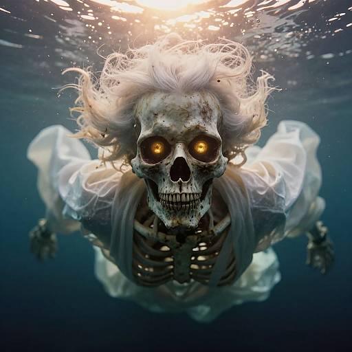 Photorealistic CGI of an eerie, glowing-eyed skeleton with white, flowing hair and translucent, ghostly robes, swimming underwater towards the viewer.