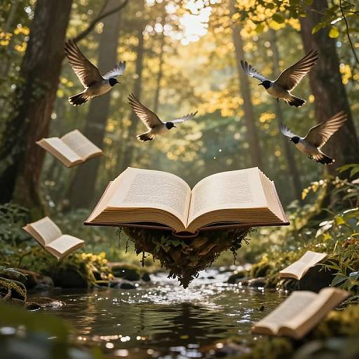 Floating Books in Golden Forest Stream