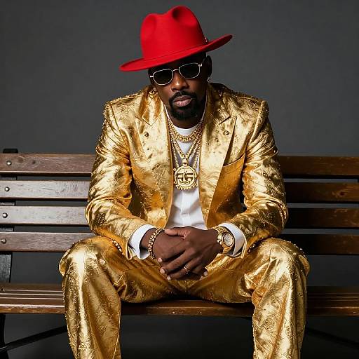Photograph of a Black man in a vibrant red hat, gold sequined suit, white shirt, and gold chains, sitting on a wooden bench against