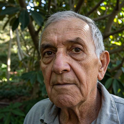 Photograph of an elderly man with wrinkled skin, gray hair, and deep-set eyes, wearing a gray shirt, standing in a lush, sun