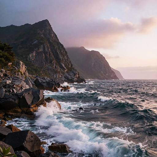 Photograph of a rugged coastal scene at sunset, featuring crashing waves, dark rocky cliffs, and misty mountains under a glowing sky.