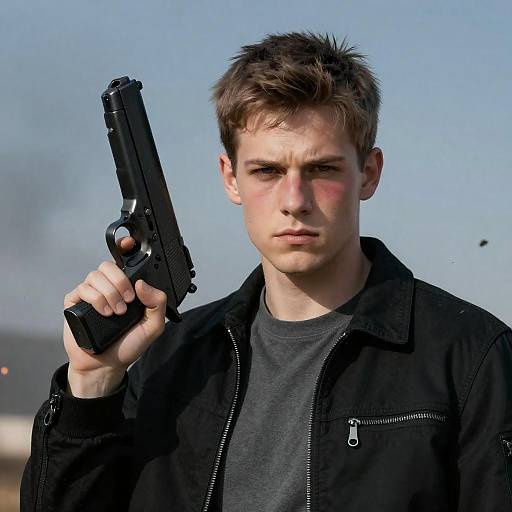 Intense Young Man with Gun in Action