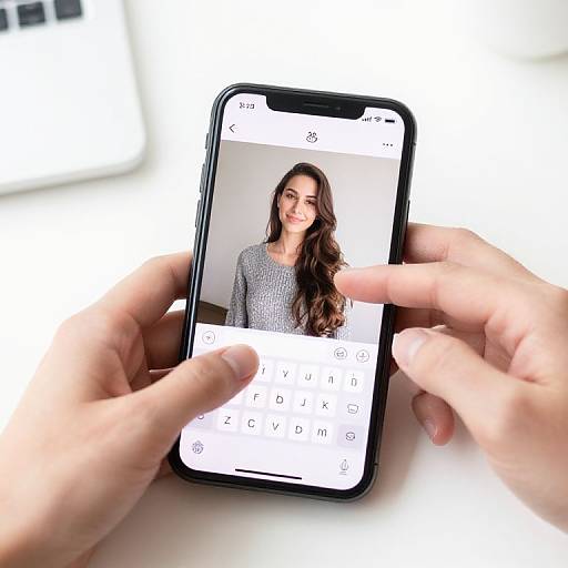 Photograph of hands holding a smartphone displaying a portrait of a smiling woman with long brown hair in a gray sweater.