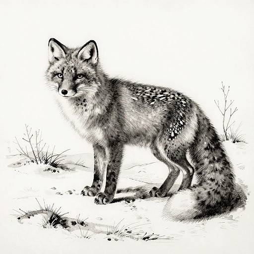 Monochrome Lithograph of Snow Fox in Tundra