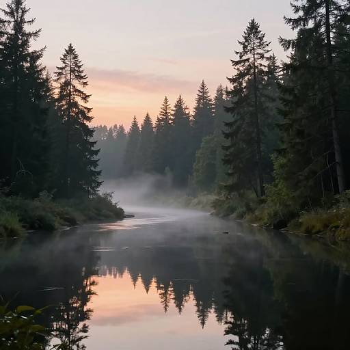 Photograph of a serene forest river at dawn, with mist over the water, tall evergreen trees on both sides, and a pink-orange sky reflecting