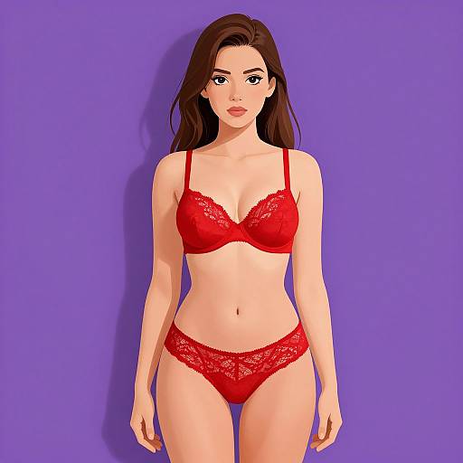 Digital illustration of a fair-skinned woman with long brown hair, wearing red lace bra and panties, standing against a solid purple background.