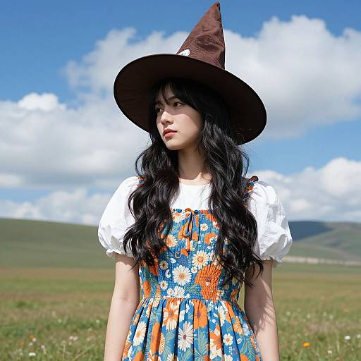 Photograph of a young woman with long black hair, wearing a brown witch hat, white blouse, and colorful floral dress, standing in a grassy