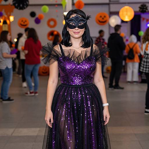 Photograph of a woman in a purple sequined dress with black tulle, black mask, and hairpiece, smiling at a Halloween party with colorful