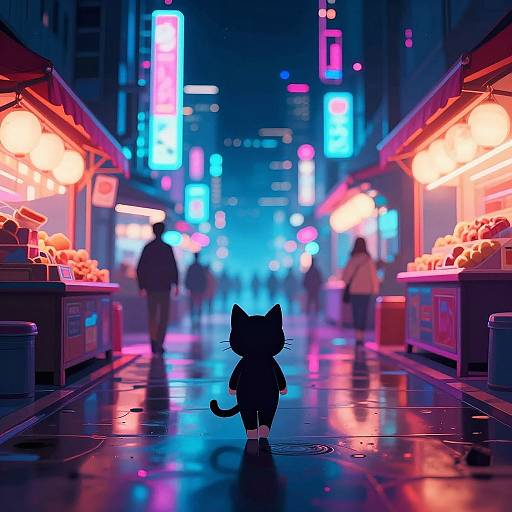 Neon-lit, rainy city street scene in digital anime style, featuring a black silhouette of a cat in the center, surrounded by glowing pink,