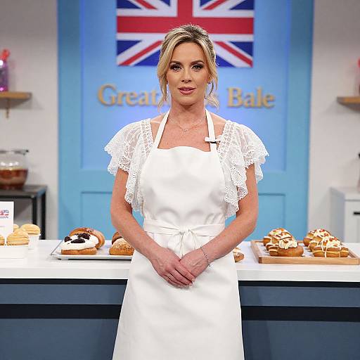 Photograph of a blonde woman in a white lace apron dress, standing in front of a blue backdrop with 