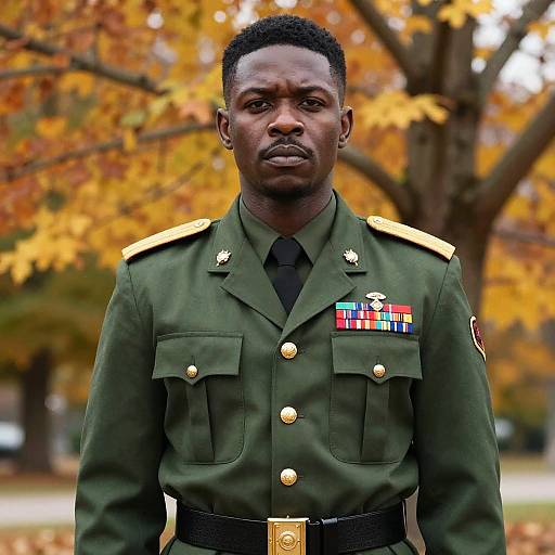 Photograph of a serious African-American male soldier in a green military uniform with medals, standing in an autumn park.