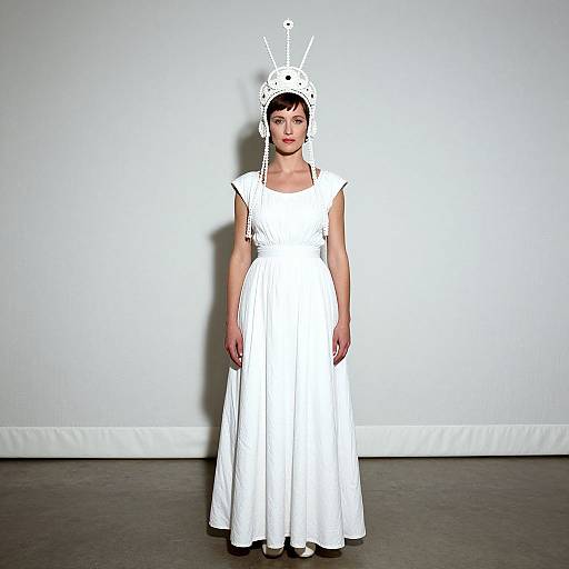 Photograph of a woman in a white, sleeveless, floor-length dress and white headpiece with antennae, standing against a plain white wall and