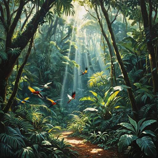 Lush Tropical Rainforest with Exotic Birds Lush Tropical Rainforest with Exotic Birds