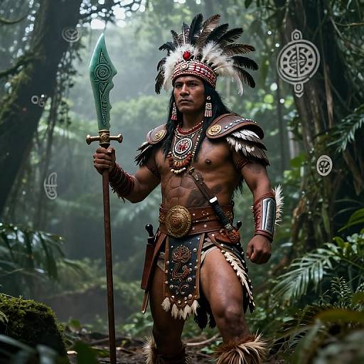 Photorealistic digital art of a muscular Native American warrior in detailed tribal armor with feathered headdress, holding a ornate spear in a misty