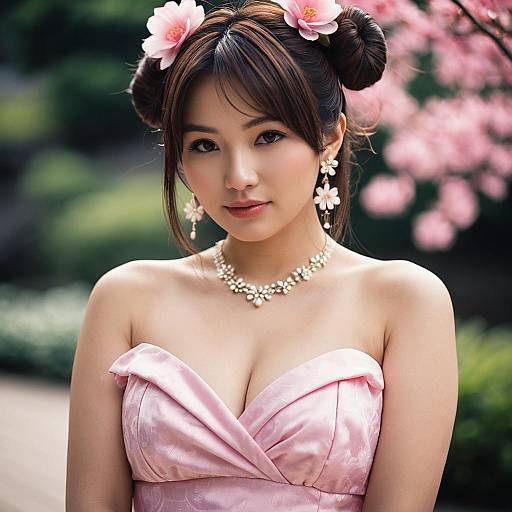Young Woman in Pink Floral Momo Costume