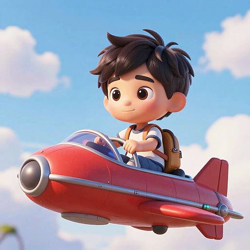 Pixar-Style Boy Exploring Red Spaceship