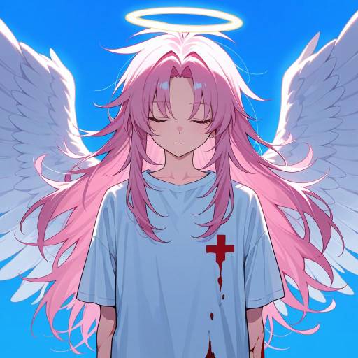 Angel Boy with Pink Hair and Wings