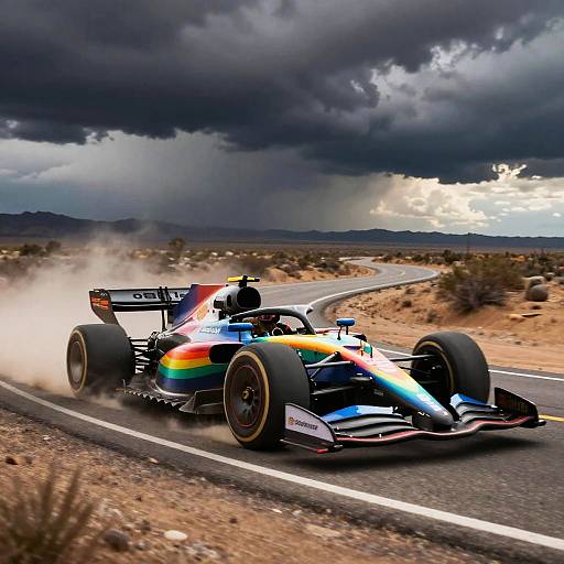Rainbow McLaren Racing Under Stormy Sky