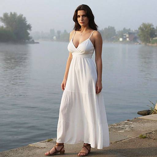 Woman in Flowing White Dress by Riverside
