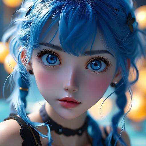 Digital artwork of a wide-eyed, blue-haired anime girl with large blue eyes, rosy cheeks, and a black choker, set against a blurred