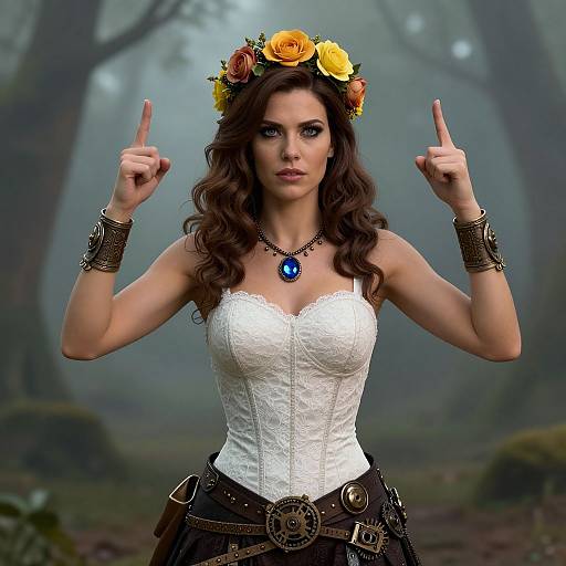 Photograph of a brunette woman with wavy hair, wearing a white lace corset, floral crown, and accessories, pointing upwards in a misty