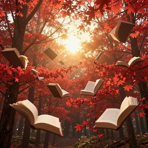 Photograph of open books floating among vibrant red autumn leaves in a sunlit forest, creating a magical, whimsical effect.