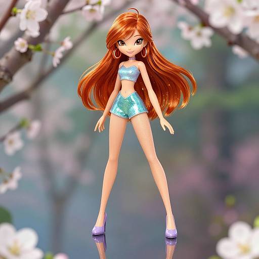 Digital anime-style doll with long red hair, wearing sparkly blue bikini top and bottoms, purple heels, standing in front of blurred floral background.
