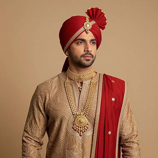 Photograph of a bearded South Asian man in traditional attire: red turban with gold embellishment, gold-threaded beige kurta, and red