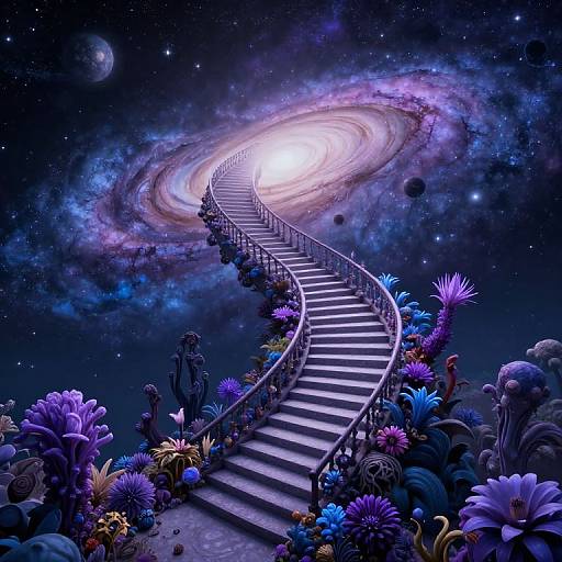 Digital art of a spiral staircase ascending into a glowing, purple and blue galaxy, surrounded by vibrant, surreal flowers, under a starry night sky.