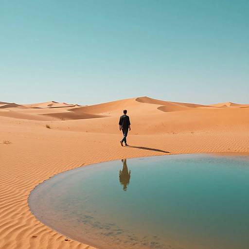 Photograph of a solitary figure walking in a vast, sunlit desert with rippled sand, casting a reflection in a small, still pool. Clear